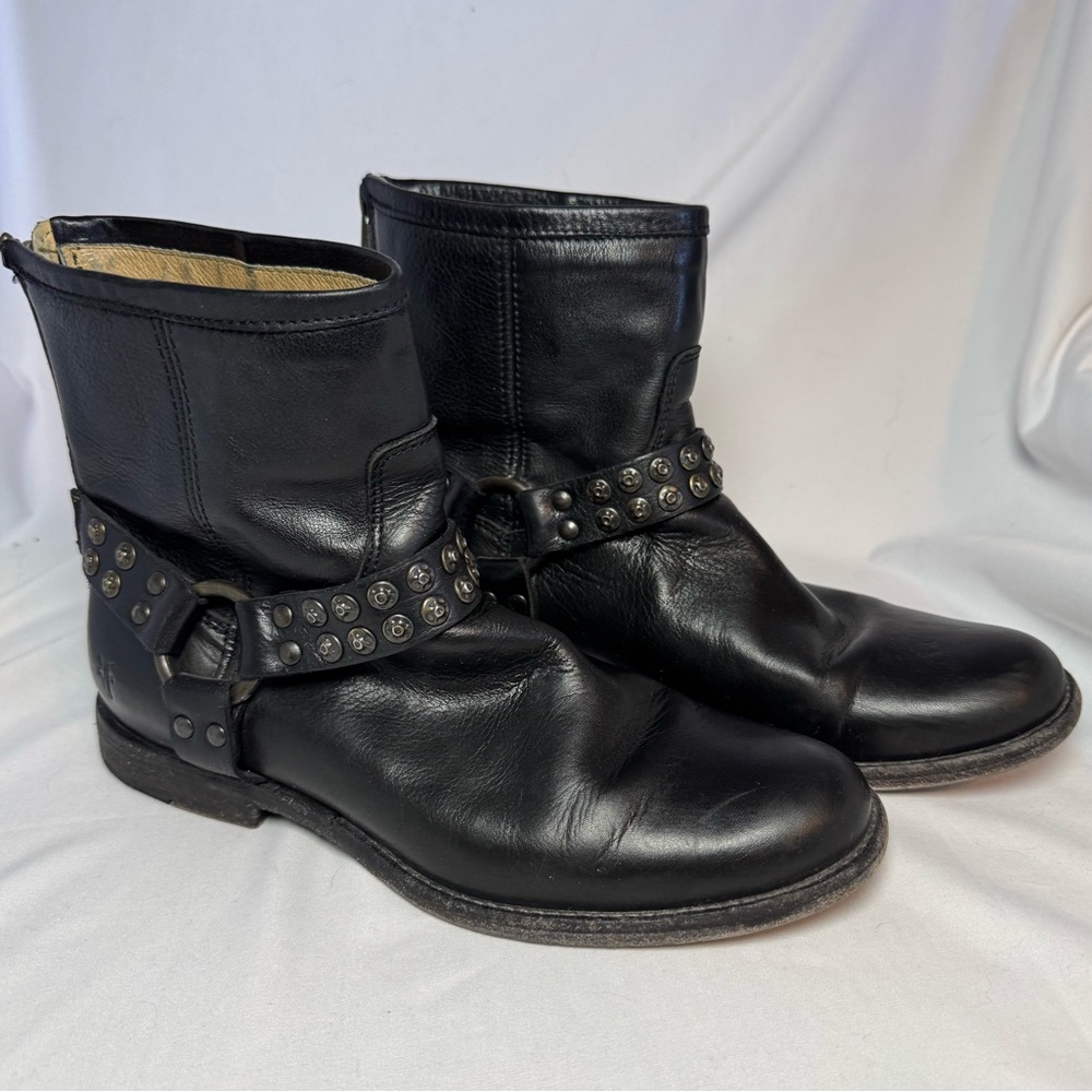 FRYE Black Leather Studded Moto Ankle Boots 8.5